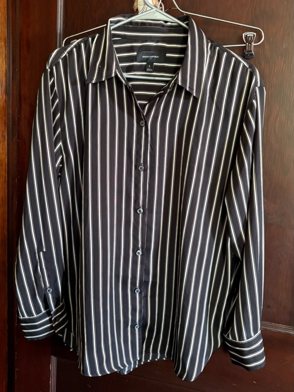Banana Republic Black Button-Up Shirt with White and Gold Stripes